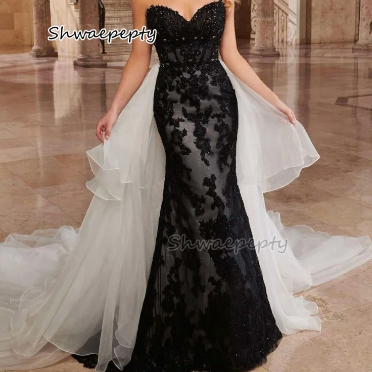 Black And White Wedding Dress Strapless Lace Mermaid Bridal Gown With Detachable Train Vintage Vestido Customized
Black And White Wedding Dress Strapless Lace Mermaid Bridal Gown With Detachable Train Vintage Vestido Customized