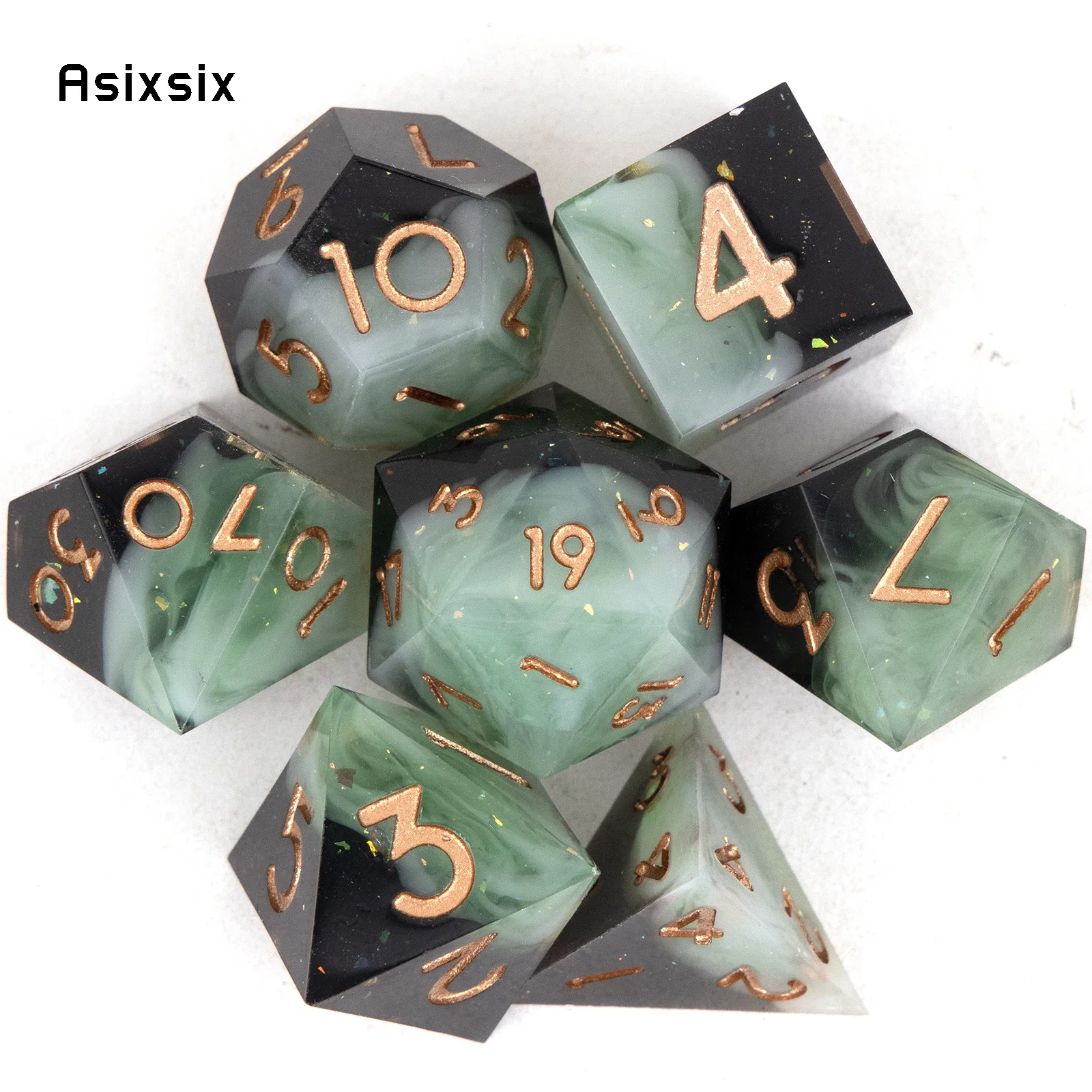 7 Pcs Black Green Golden Number Sharp Edge Resin Dice Polyhedral Dice Suitable for Role-Playing RPG Board Game
7 Pcs Black Green Golden Number Sharp Edge Resin Dice Polyhedral Dice Suitable for Role-Playing RPG Board Game