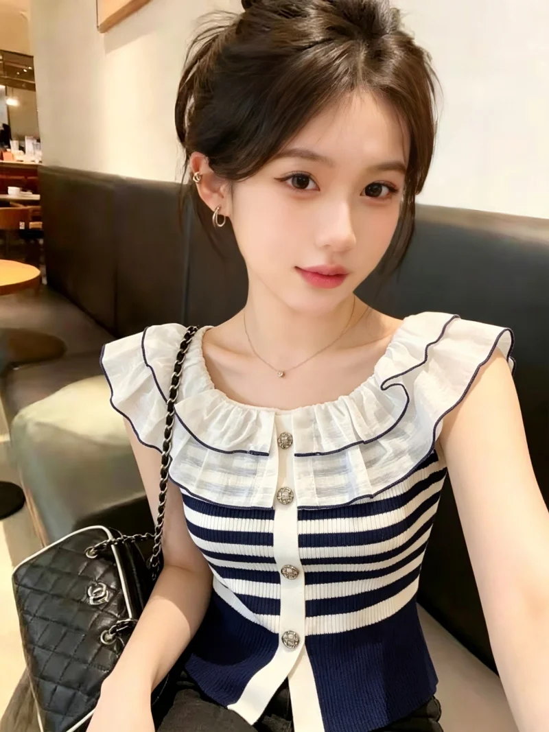 Slimming Stripe Knit Top Women's Summer Fashionable Bore Shoulder Pleated Hemline Korean Style Short Sleeveless Korean Fashion
Slimming Stripe Knit Top Women's Summer Fashionable Bore Shoulder Pleated Hemline Korean Style Short Sleeveless Korean Fashion