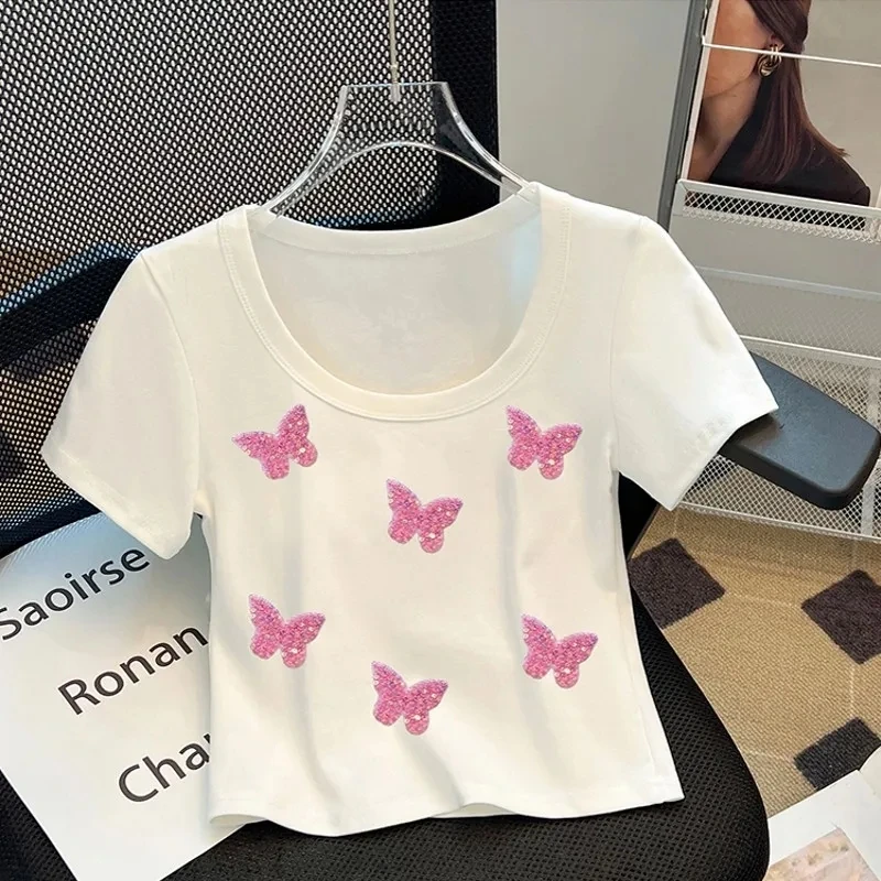 Summer Design Butterfly Sequin T-Shirt Women's O-Collar Casual Sweet Tshirt Simple Short Tops Tees Ladies Streetwear Clothing
Summer Design Butterfly Sequin T-Shirt Women's O-Collar Casual Sweet Tshirt Simple Short Tops Tees Ladies Streetwear Clothing