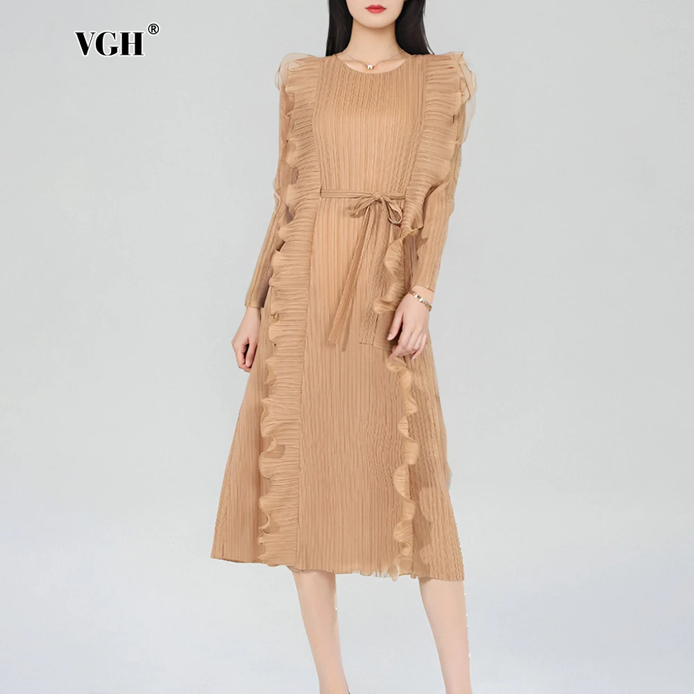 VGH Solid Slimming Spliced Ruched Temperament Dresses For Women Round Long Sleeve High Waist Lace Up Designer Dress Female Style
VGH Solid Slimming Spliced Ruched Temperament Dresses For Women Round Long Sleeve High Waist Lace Up Designer Dress Female Style