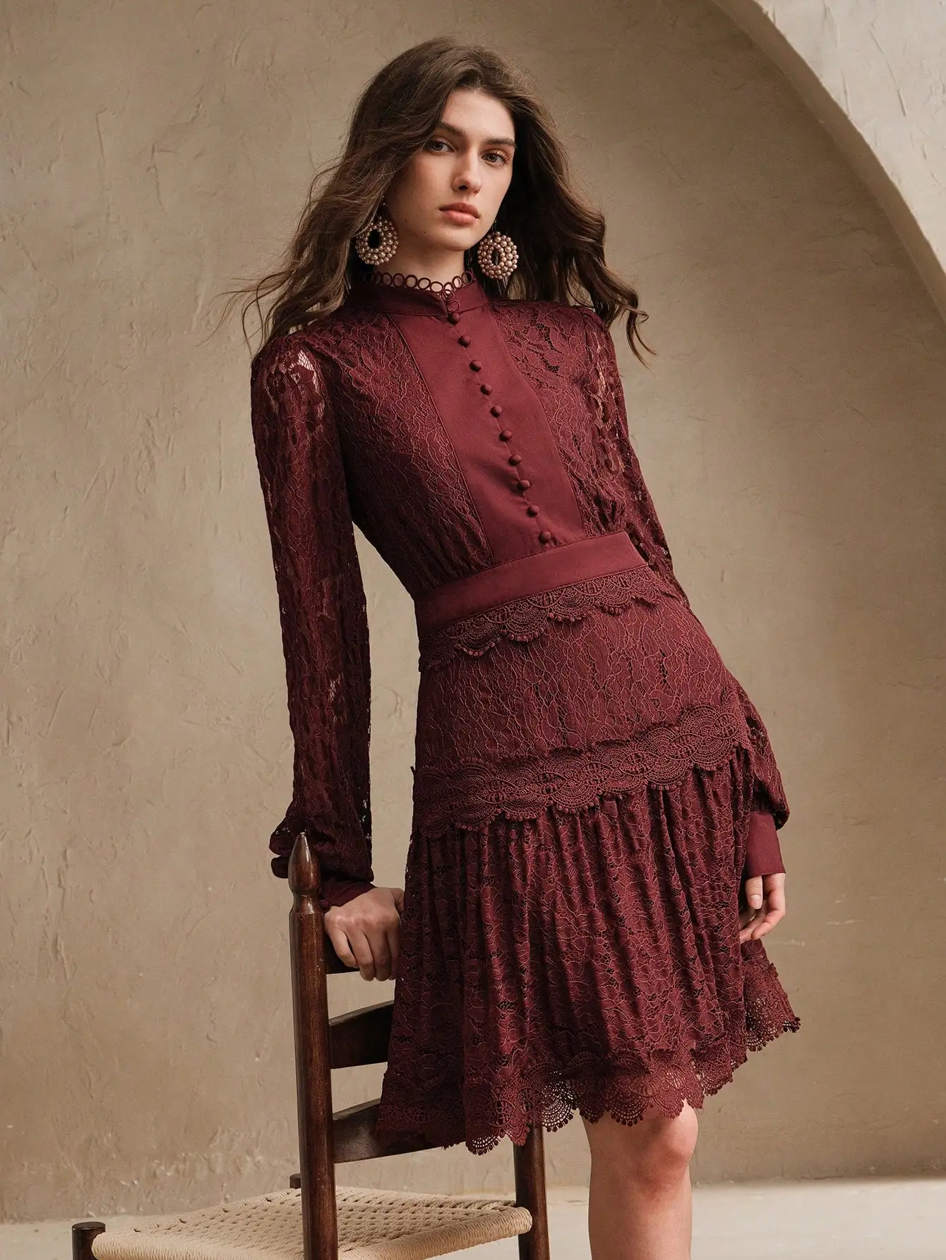Elegant Burgundy Lace Long Sleeve Flared Dress For Spring Festival Valentine
Elegant Burgundy Lace Long Sleeve Flared Dress For Spring Festival Valentine