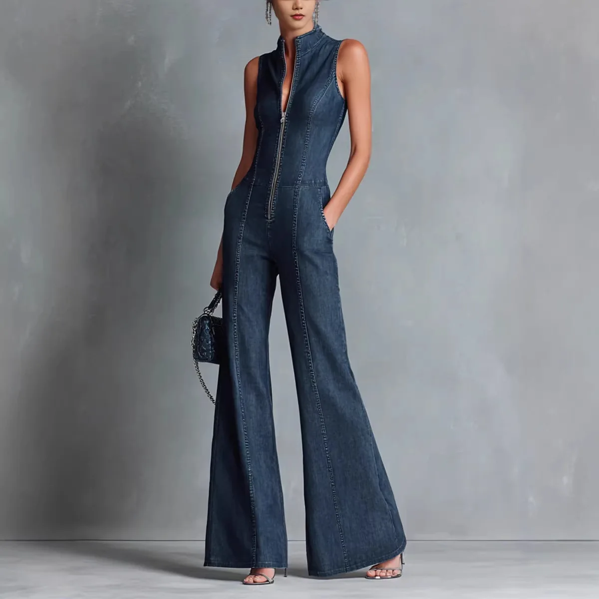 Women's Streetwear High Neck Zip Front Sleeveless Denim Jumpsuit High Waist Pocket Cargo Wide Flare Leg Casual Daily Overalls
Women's Streetwear High Neck Zip Front Sleeveless Denim Jumpsuit High Waist Pocket Cargo Wide Flare Leg Casual Daily Overalls