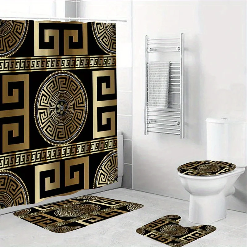 Luxury 4-Piece Bathroom Set Greek Geometric Shower Curtain, Plush Rug, U-Shape Toilet Mat & Lid Cover Scrub body Bath sponge
Luxury 4-Piece Bathroom Set Greek Geometric Shower Curtain, Plush Rug, U-Shape Toilet Mat & Lid Cover Scrub body Bath sponge