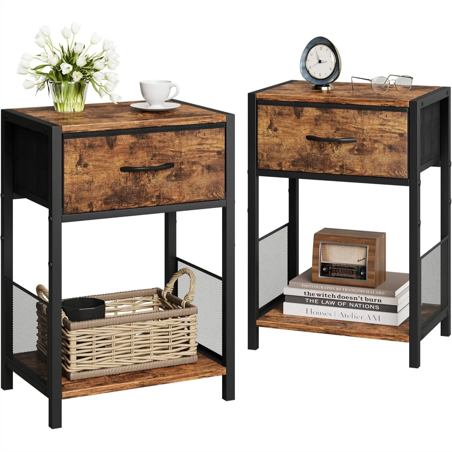 Nightstand Set of 2, End Table with Fabric Drawer, Storage Shelf, Bedside Table, Rustic Brown for Living Room Bedroom
Nightstand Set of 2, End Table with Fabric Drawer, Storage Shelf, Bedside Table, Rustic Brown for Living Room Bedroom