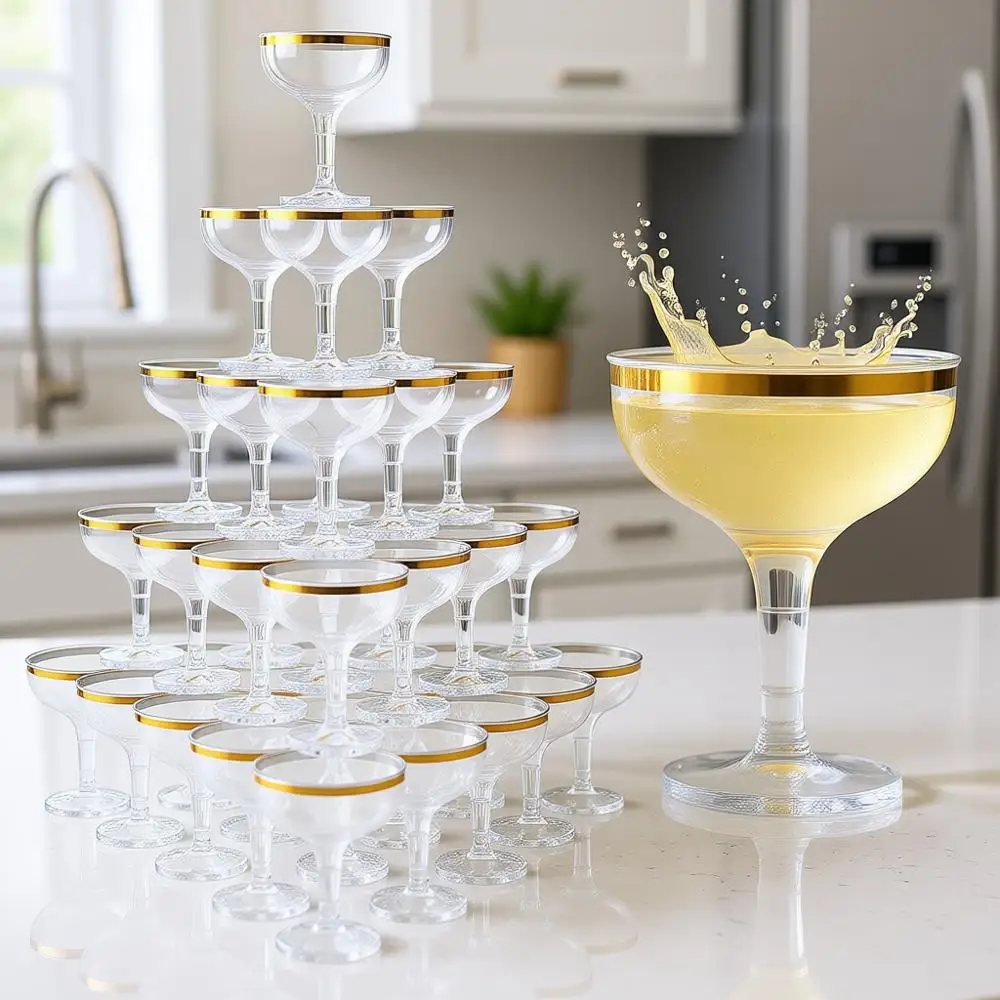 100 шт. пластиковых бокалов для шампанского объемом 5,4 унции с золотым ободком для вечеринок и коктейлей
100 шт. пластиковых бокалов для шампанского объемом 5,4 унции с золотым ободком для вечеринок и коктейлей