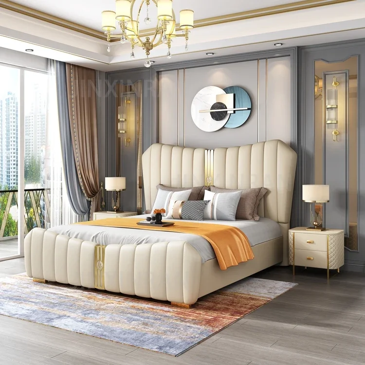 Italy modern bed room furniture bedroom set king size bed fashionable cream white leather high headboard soft bed
Italy modern bed room furniture bedroom set king size bed fashionable cream white leather high headboard soft bed