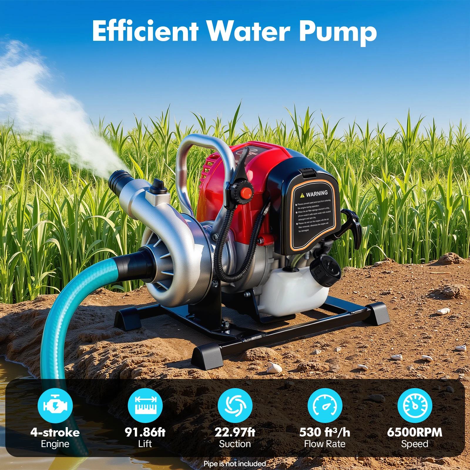 850W 36.5CC Gasoline Water Pump 4-Stroke Engine 6500RPM, Water Transfer Pump for Outdoor Farmland Garden, Water Pumping, Irrigation
850W 36.5CC Gasoline Water Pump 4-Stroke Engine 6500RPM, Water Transfer Pump for Outdoor Farmland Garden, Water Pumping, Irrigation