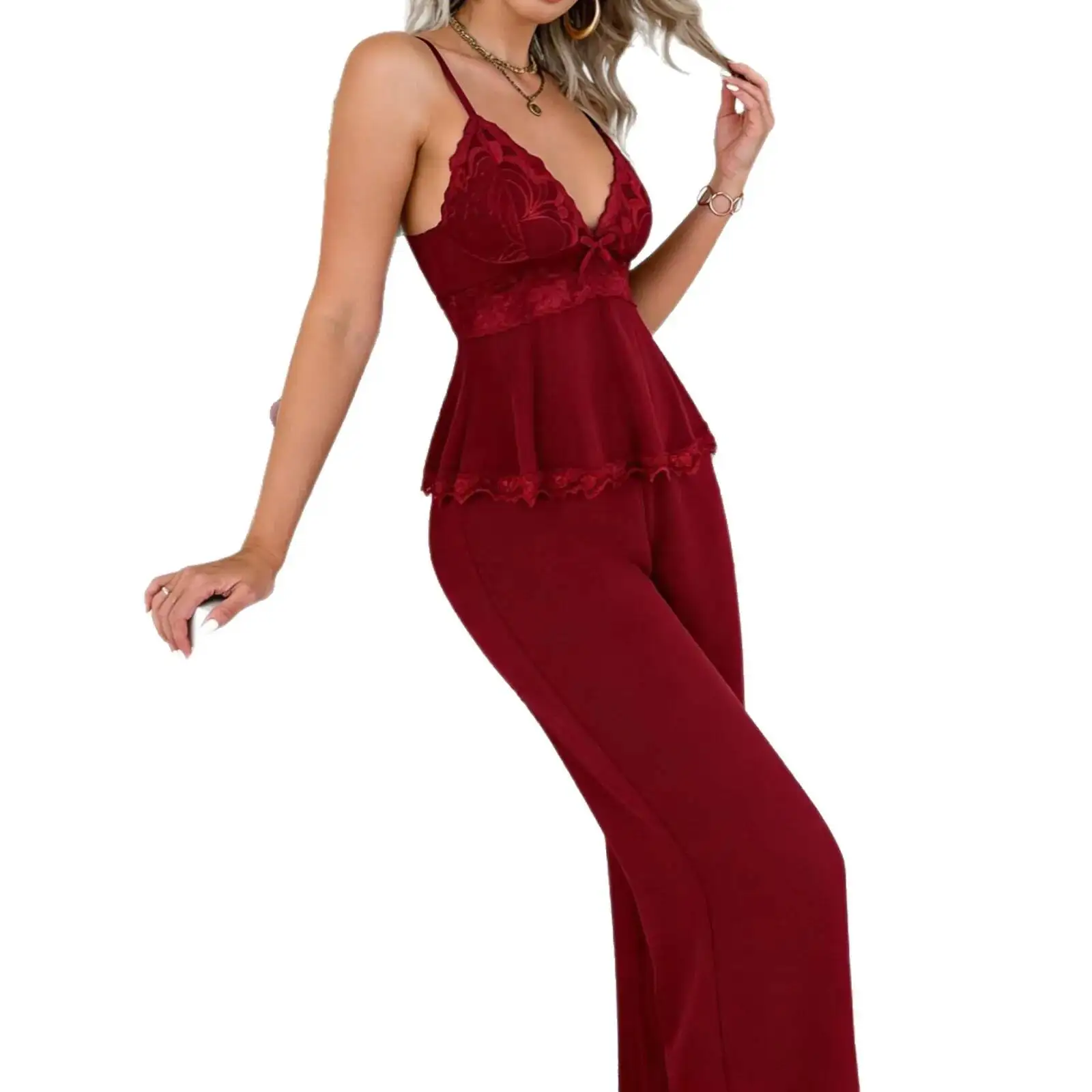 Women Red Lace Satin Pajama Sets Spaghetti Strap V Neck Ruffle Cami Top Flared Long Pants Elegant Night Loungewear Outfit 7V9D
Women Red Lace Satin Pajama Sets Spaghetti Strap V Neck Ruffle Cami Top Flared Long Pants Elegant Night Loungewear Outfit 7V9D