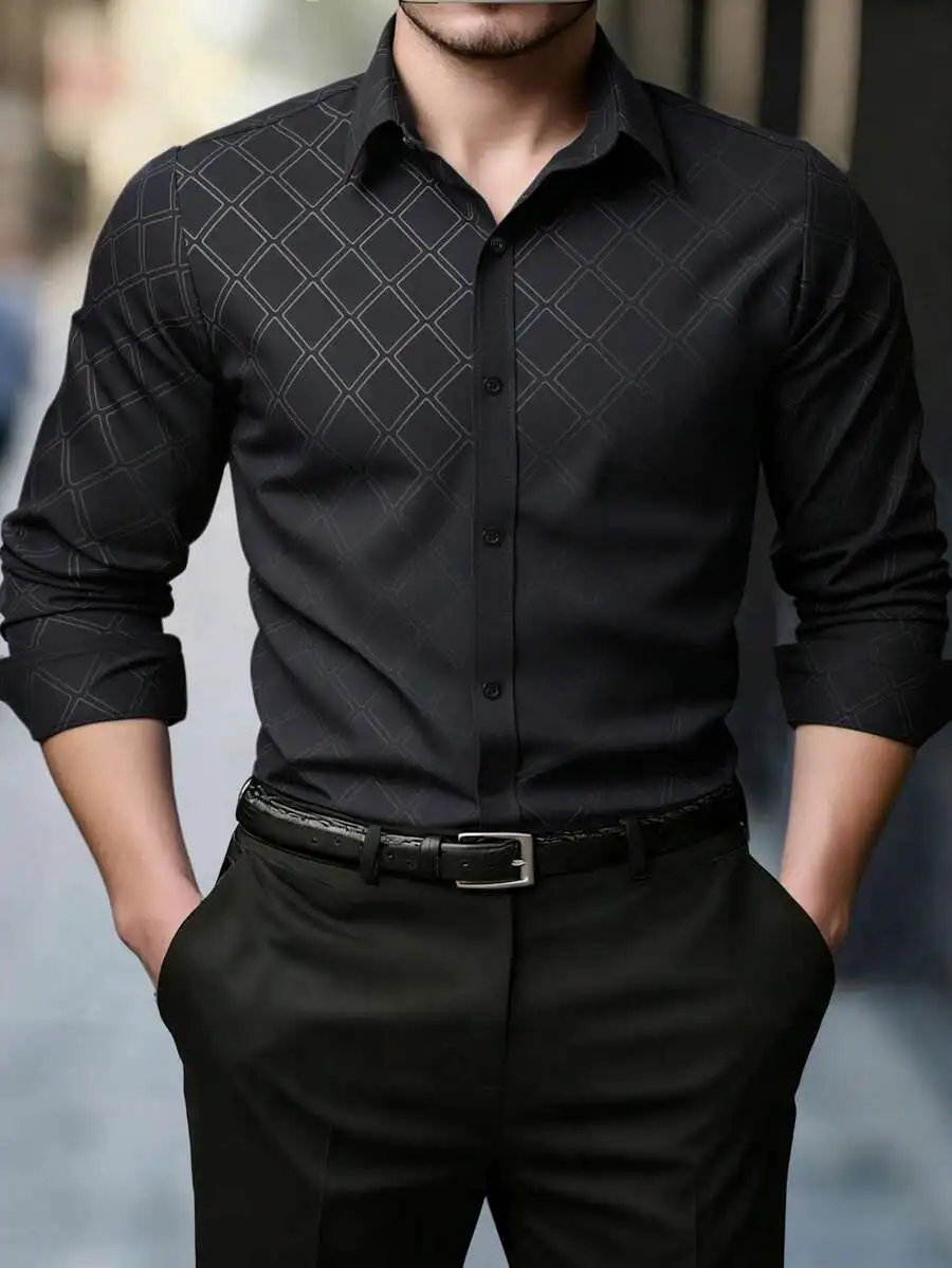 Men's Black Long Sleeve Shirt with Geometric Diamond Pattern, Business Casual Style
Men's Black Long Sleeve Shirt with Geometric Diamond Pattern, Business Casual Style
