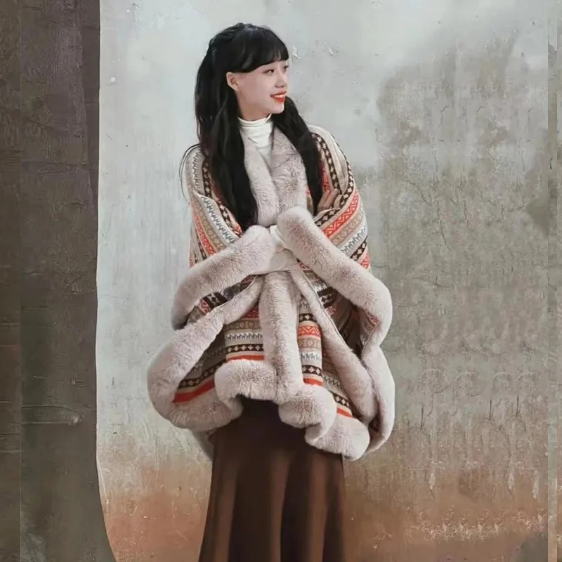 Fashion Colored Stripes Comfort Knit Faux Fur Cape Coat Women Autumn Winter Thick Poncho Cardigan Leisure Travel Cloak Shawl
Fashion Colored Stripes Comfort Knit Faux Fur Cape Coat Women Autumn Winter Thick Poncho Cardigan Leisure Travel Cloak Shawl