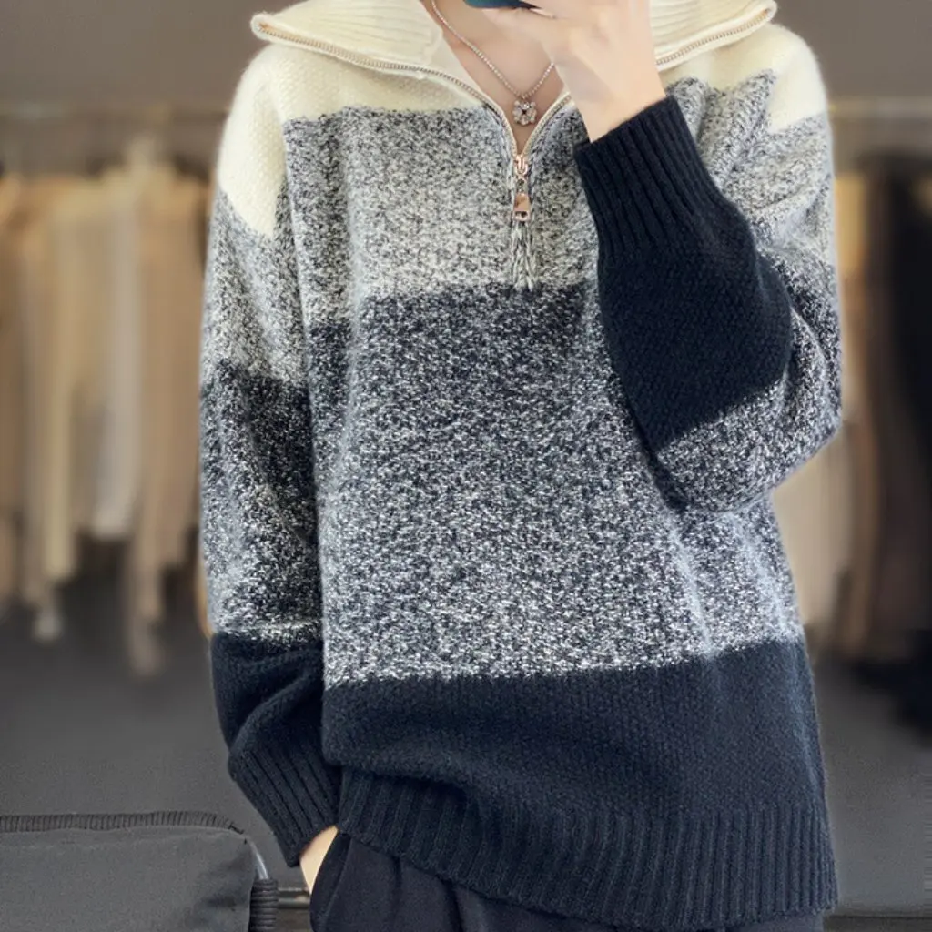 Women's Autumn Winter Zipper Turtleneck Sweater Long-Sleeved Contrast Color Retro Striped Gradient Loose Pullover Sweater
Women's Autumn Winter Zipper Turtleneck Sweater Long-Sleeved Contrast Color Retro Striped Gradient Loose Pullover Sweater