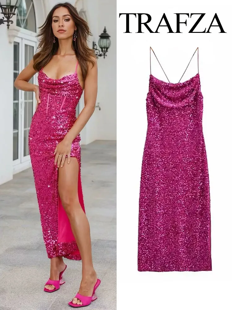 TRAFZA Women Sexy Chic Sequined Backless Sleeveless Dress Elegant Fashion Shiny Side Split Lady Evening Party Dresses Vestidos
TRAFZA Women Sexy Chic Sequined Backless Sleeveless Dress Elegant Fashion Shiny Side Split Lady Evening Party Dresses Vestidos