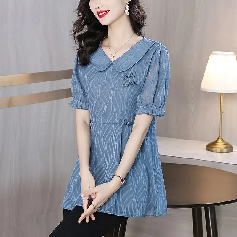 Plus Size Women Chinese Style Chiffon Blouse Doll Collar Loose Hide Fat Short Sleeve Mom Tops M-5XL
Plus Size Women Chinese Style Chiffon Blouse Doll Collar Loose Hide Fat Short Sleeve Mom Tops M-5XL