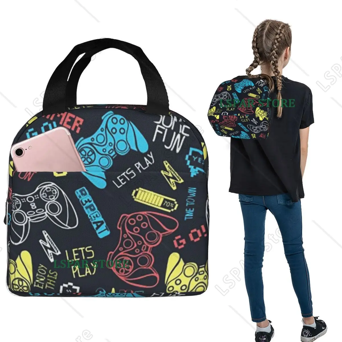 Video Game Controller Insulated Lunch Bag for Women Children Portable Food Boxes Thermal Lunch Box Tote
Video Game Controller Insulated Lunch Bag for Women Children Portable Food Boxes Thermal Lunch Box Tote