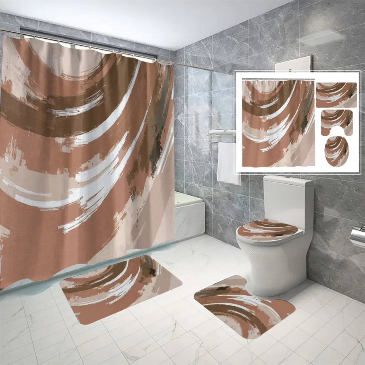 4 шт. Набор для ванной комнаты с абстрактным вращающимся узором кисточника, занавеска для душа с крючками, U-образный коврик, нескользящий коврик, чехол на сиденье унитаза
4 шт. Набор для ванной комнаты с абстрактным вращающимся узором кисточника, занавеска для душа с крючками, U-образный коврик, нескользящий коврик, чехол на сиденье унитаза