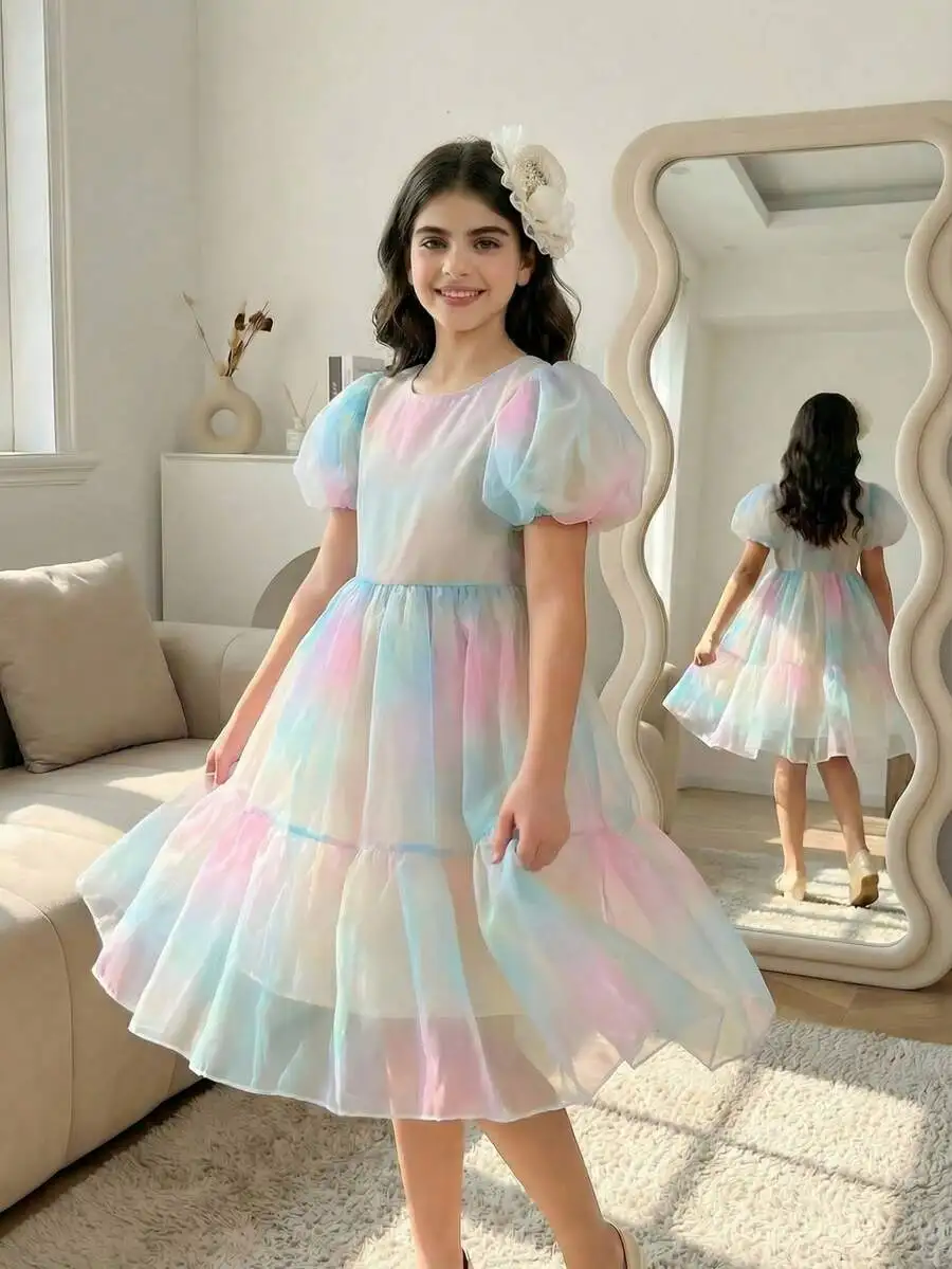 Elegant Puff Sleeve Tiered Tulle Dress With Floral Decoration
Elegant Puff Sleeve Tiered Tulle Dress With Floral Decoration