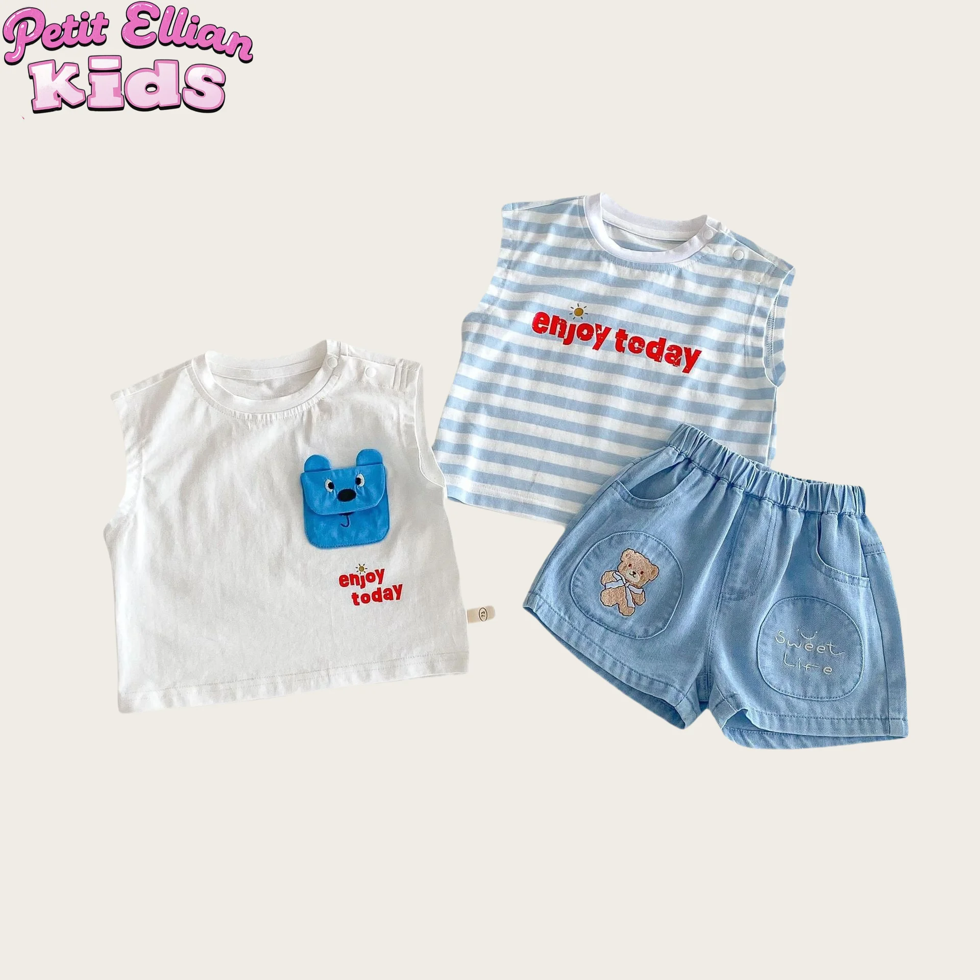 Adorable Cotton Kids’ Set - Letter Printed Striped and Patchwork Sleeveless Tops and Bear Embroidered Denim Shorts for 0 - 5 Y
Adorable Cotton Kids’ Set - Letter Printed Striped and Patchwork Sleeveless Tops and Bear Embroidered Denim Shorts for 0 - 5 Y