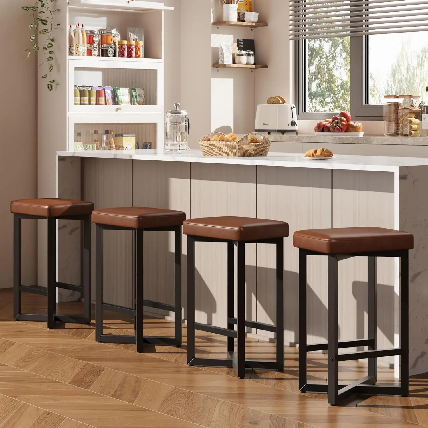 Bar Stools Set of 4, 24.6" Counter Height Backless Barstools, Upholstered PU Leather Seats with Metal X-Frame & Footrest, Mod
Bar Stools Set of 4, 24.6" Counter Height Backless Barstools, Upholstered PU Leather Seats with Metal X-Frame & Footrest, Mod