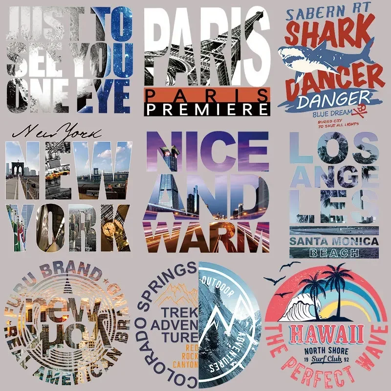 Letter Hot Stamping Patch on Clothing Various Iron on City Travel Transfers Appliqueon Clothes Washable T-shirt Stickers
Letter Hot Stamping Patch on Clothing Various Iron on City Travel Transfers Appliqueon Clothes Washable T-shirt Stickers