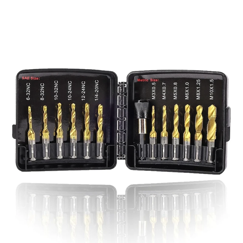 WFF Drill Tap Set With Quick-Change Adapter Of 13Pcs, 6 SAE Sizes, 6 Metric Sizes, Combination Drill And Tap Set
WFF Drill Tap Set With Quick-Change Adapter Of 13Pcs, 6 SAE Sizes, 6 Metric Sizes, Combination Drill And Tap Set