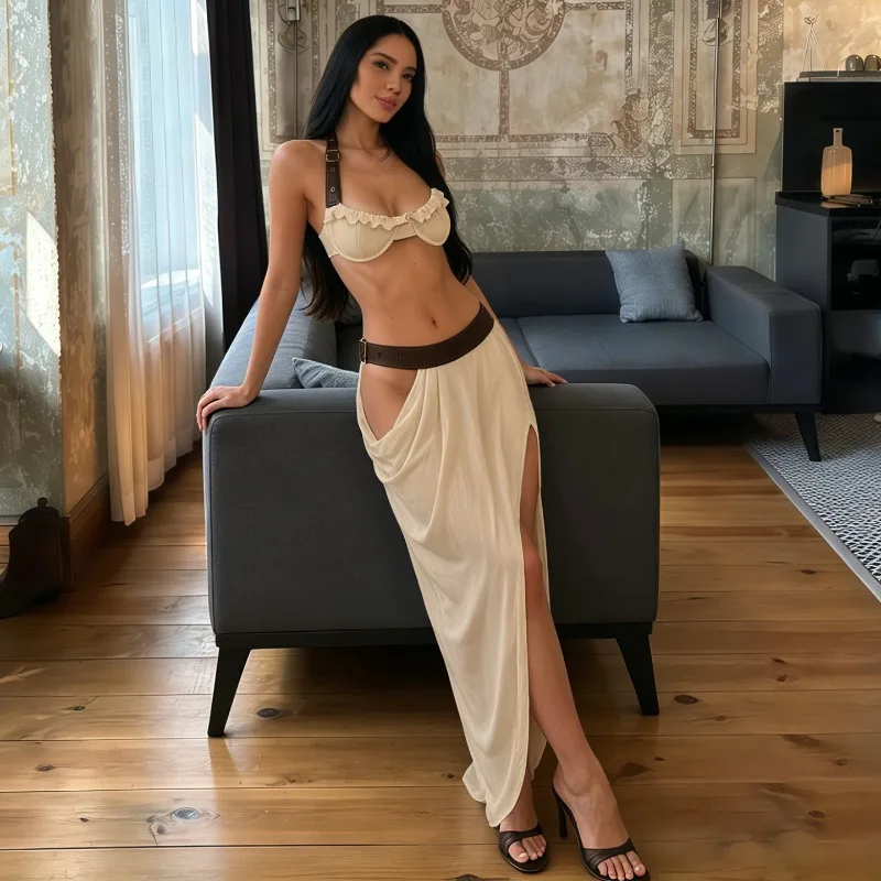 PU Leather Belt Patchwork Women Sexy 2 Piece Set Ruffles Halter Bra Crop Tops + Asymmetrical Maxi Skirts Vacation Beach Suits
PU Leather Belt Patchwork Women Sexy 2 Piece Set Ruffles Halter Bra Crop Tops + Asymmetrical Maxi Skirts Vacation Beach Suits