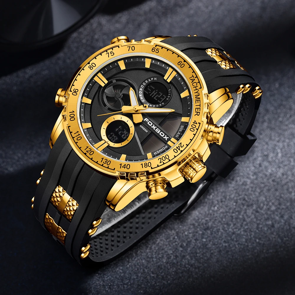 FOXBOX Dual Display Men Watches 30M Waterproof Sports Watch Alarm Stopwatch Gold Color Quartz Wristwatch Digital Clock
FOXBOX Dual Display Men Watches 30M Waterproof Sports Watch Alarm Stopwatch Gold Color Quartz Wristwatch Digital Clock