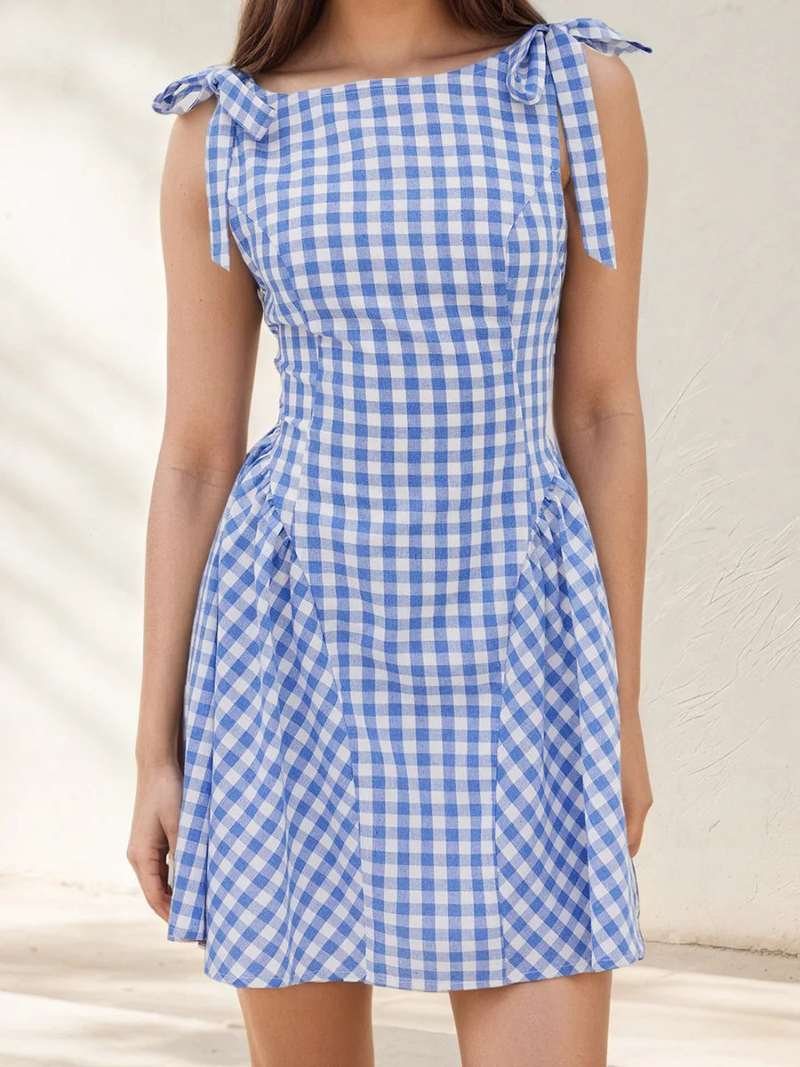 Blue Plaid Mini Dresses For Women Lace-up Sleeveless Cinched A-line Vestidos Summer Casual Fashion Simple Short Dress 2025 New
Blue Plaid Mini Dresses For Women Lace-up Sleeveless Cinched A-line Vestidos Summer Casual Fashion Simple Short Dress 2025 New