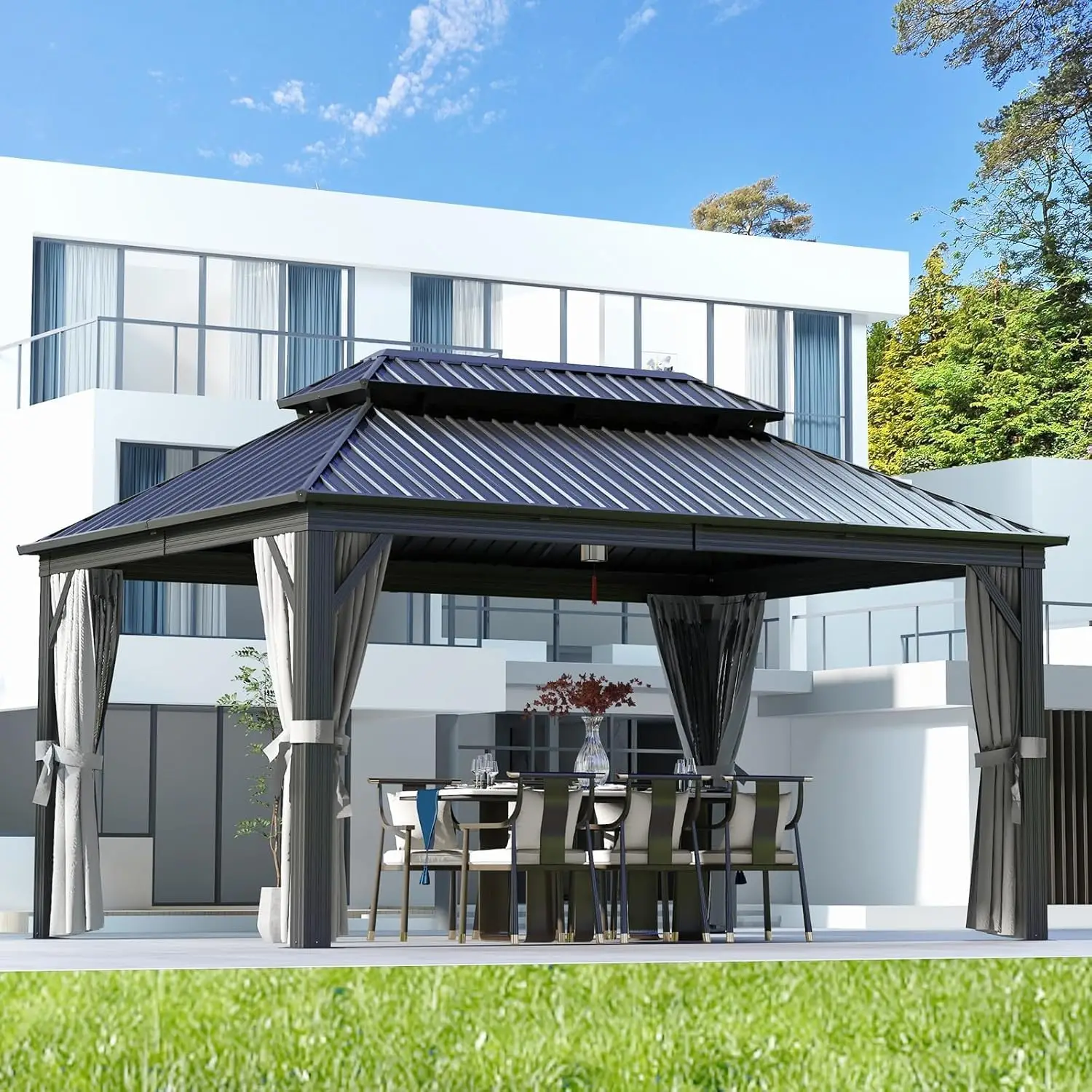 12x16Ft Hardtop Aluminum Gazebo Netting & Curtains Galvanized Steel Roof Permanent Patio Pavilion Backyard Wedding Party, Custom
12x16Ft Hardtop Aluminum Gazebo Netting & Curtains Galvanized Steel Roof Permanent Patio Pavilion Backyard Wedding Party, Custom