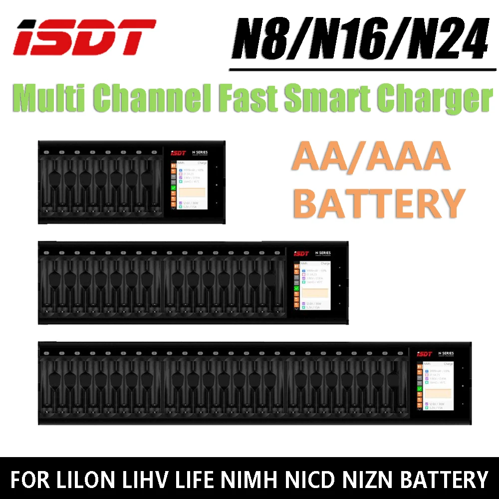 ISDT N8/N16/N24 Multi Channel Fast Charging Smart Charger for 1-8 AAA AA Battery LiIon LiHv NiMh Nicd Nizn LiFePO4 LCD Displa
ISDT N8/N16/N24 Multi Channel Fast Charging Smart Charger for 1-8 AAA AA Battery LiIon LiHv NiMh Nicd Nizn LiFePO4 LCD Displa