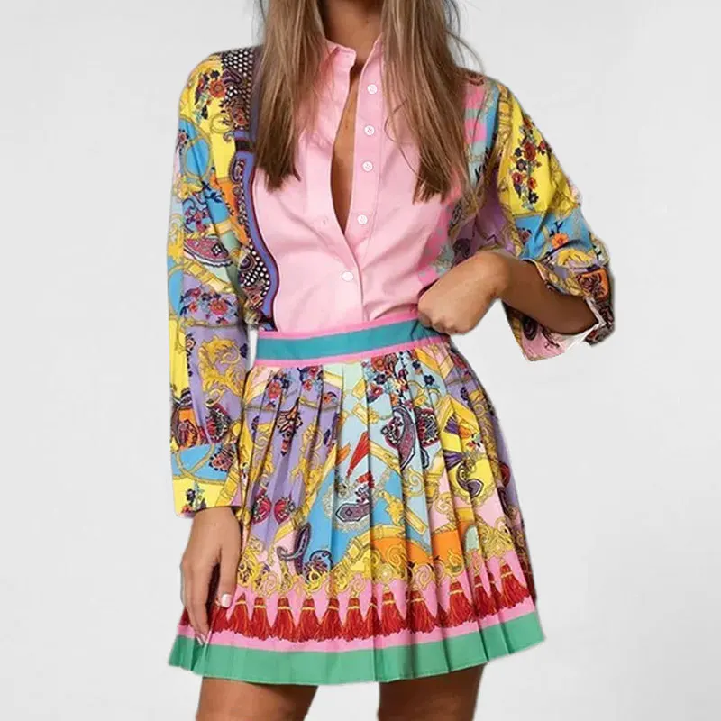 Women Bohemian Fashion Luxury Print Shirt Top Pleated Mini Skirt New Spring Autumn Vintage Long Sleeve Buttons Party 2 Piece Set
Women Bohemian Fashion Luxury Print Shirt Top Pleated Mini Skirt New Spring Autumn Vintage Long Sleeve Buttons Party 2 Piece Set