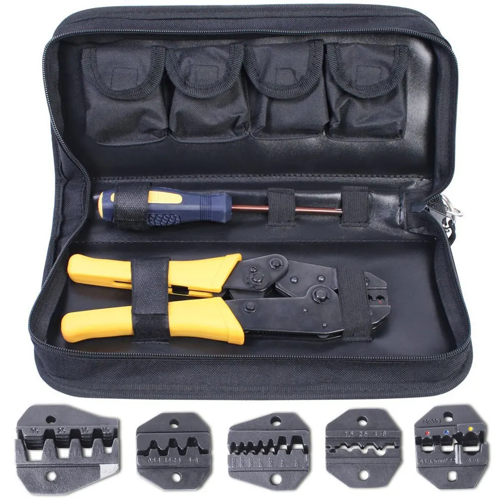 Self-Adjustable Crimping Pliers Ratcheting Tool with 5 Interchangeable Jaws Cross-Head Screwdriver Nylon Bag for Non-Insulated
Self-Adjustable Crimping Pliers Ratcheting Tool with 5 Interchangeable Jaws Cross-Head Screwdriver Nylon Bag for Non-Insulated