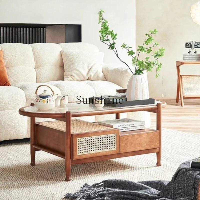 Light luxury solid wood Changhong glass double layer with drawers round home living room rattan tea table
Light luxury solid wood Changhong glass double layer with drawers round home living room rattan tea table
