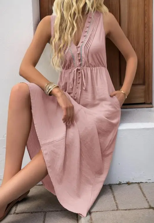 Women Dresses 2026 Spring Summer New Sleeveless Solid Color V-Neck Pocket Design High Waisted Casual Vacation Long Dress
Women Dresses 2026 Spring Summer New Sleeveless Solid Color V-Neck Pocket Design High Waisted Casual Vacation Long Dress