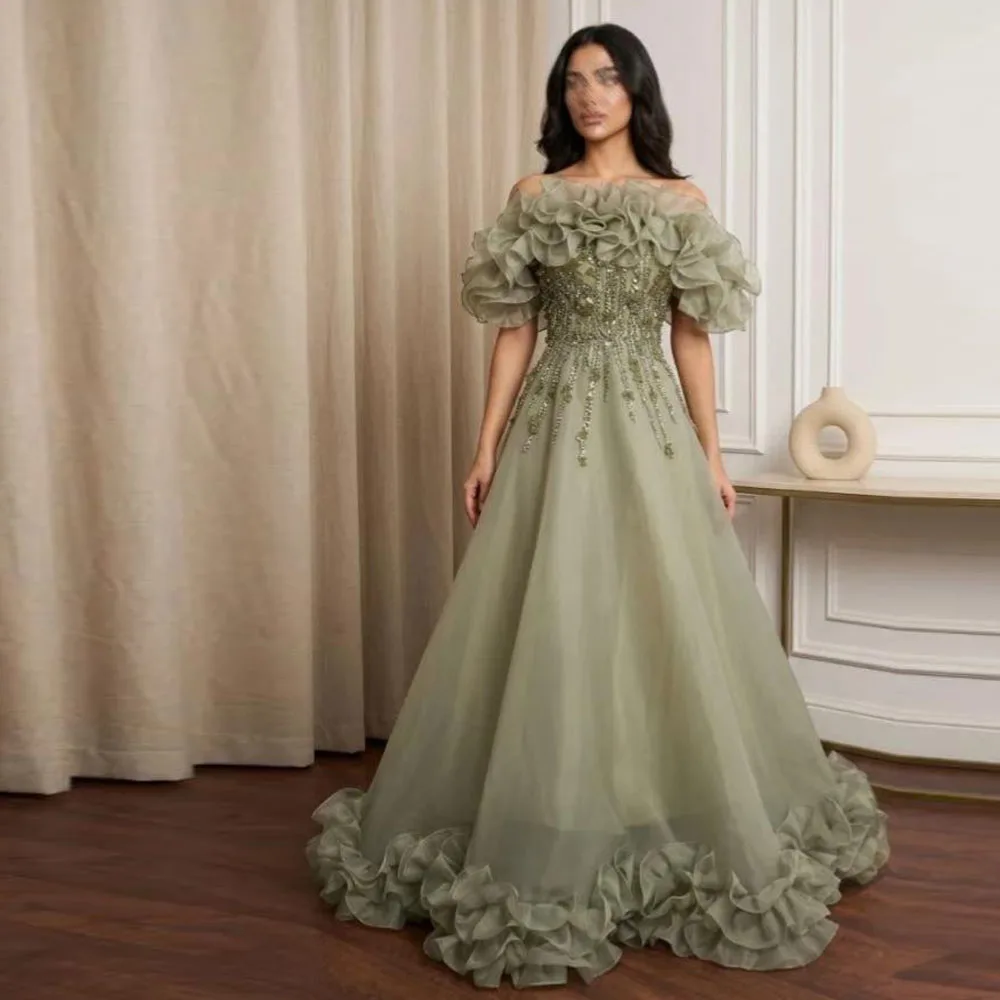 Customized Ruffles Off the Shoulder Evening Dress 3D Flower Mini Green Formal Gown Bead Sequin Saudi Wedding Guest Dresses
Customized Ruffles Off the Shoulder Evening Dress 3D Flower Mini Green Formal Gown Bead Sequin Saudi Wedding Guest Dresses