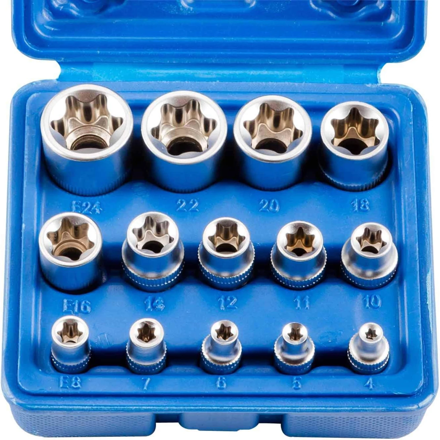 High Quality Aerospace Grade Steel Professional 14pcs Female E Torx Socket Set - External Torque Star Socket E4 - E24 - 3/8, 1/2
High Quality Aerospace Grade Steel Professional 14pcs Female E Torx Socket Set - External Torque Star Socket E4 - E24 - 3/8, 1/2