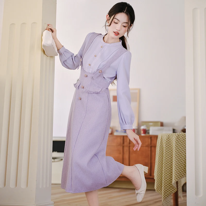 Elegant Unique Fake Two-Piece Strap Dress Waist-Cinching Long Skirt Autumn Winter College Style Midi Dress Women's Fashion
Elegant Unique Fake Two-Piece Strap Dress Waist-Cinching Long Skirt Autumn Winter College Style Midi Dress Women's Fashion