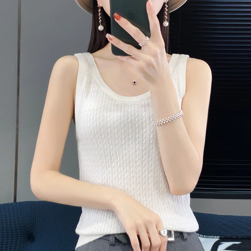 Summer Worsted Wool U-neck Fried Dough Twists Suspender Vest Women's Wear With Knitting Underlay Thin Sleeveless Solid Top T-shi
Summer Worsted Wool U-neck Fried Dough Twists Suspender Vest Women's Wear With Knitting Underlay Thin Sleeveless Solid Top T-shi