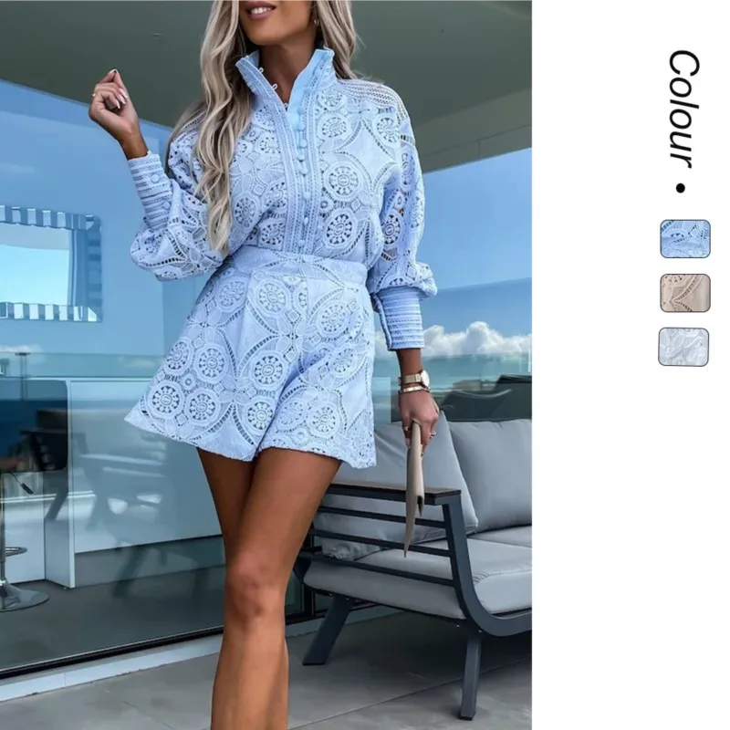 Women Fashion Lace Long Sleeve Single Breasted Shirt Shorts Set Spring Summer Slim Elegant Ladies Office White Shorts 2piece Set
Women Fashion Lace Long Sleeve Single Breasted Shirt Shorts Set Spring Summer Slim Elegant Ladies Office White Shorts 2piece Set
