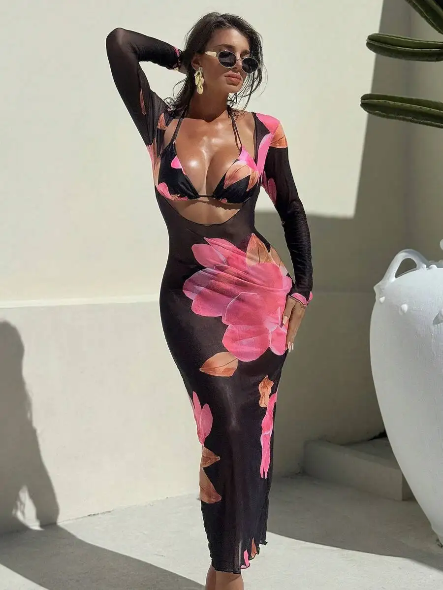 Women Floral Print Halter Bikini Set With Sheer Cover-Up Dress For Beach Vacation
Women Floral Print Halter Bikini Set With Sheer Cover-Up Dress For Beach Vacation