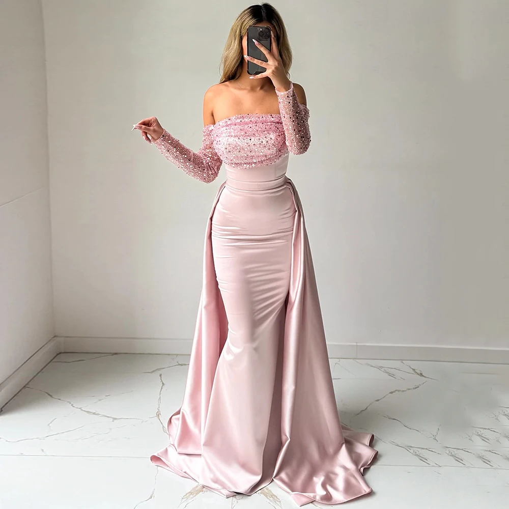 Exquisite Pink Satin Strapless Beading Evening Dress with Detachable Train Customized Off the Shoulder Formal Occasion Gowns
Exquisite Pink Satin Strapless Beading Evening Dress with Detachable Train Customized Off the Shoulder Formal Occasion Gowns