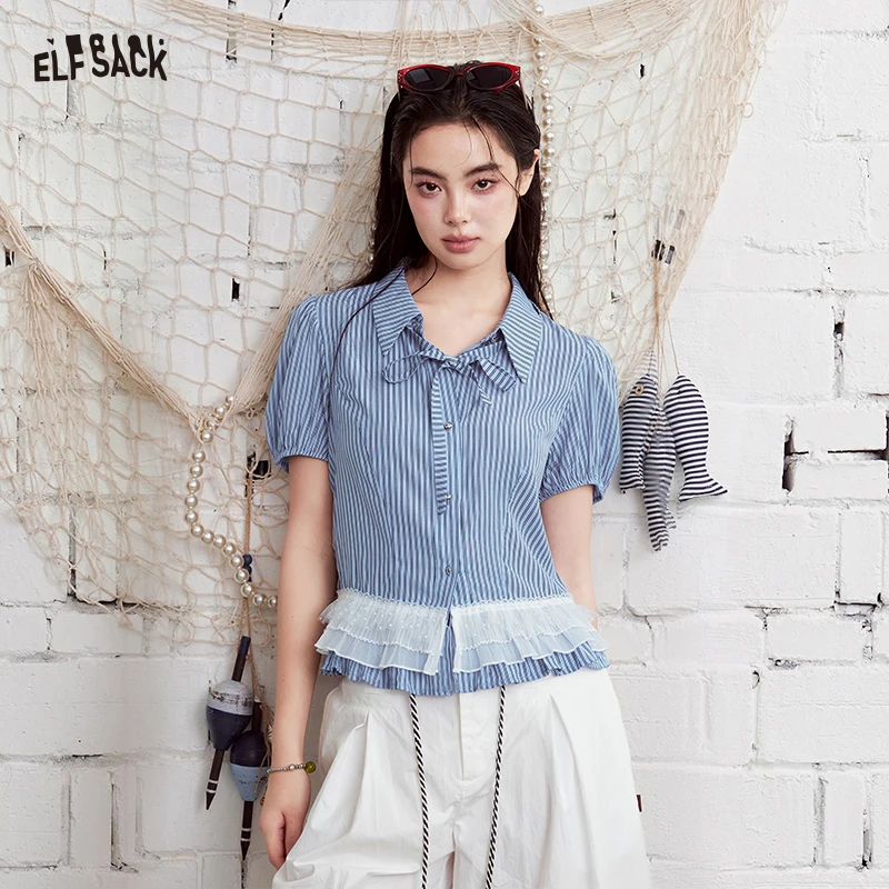 ELFSACK Striped Ruffle Hem Button Down Shirt, Puff Sleeve Mesh Trim Blouse, Sweet Preppy Casual Top for Women
ELFSACK Striped Ruffle Hem Button Down Shirt, Puff Sleeve Mesh Trim Blouse, Sweet Preppy Casual Top for Women