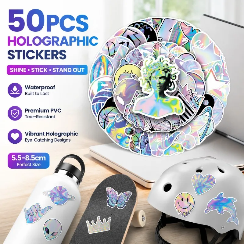 50 Pcs Holographic Laser Graffiti Stickers Waterproof Personalized Creative Decals Ideal for Skateboard Water Luggage Decoration
50 Pcs Holographic Laser Graffiti Stickers Waterproof Personalized Creative Decals Ideal for Skateboard Water Luggage Decoration