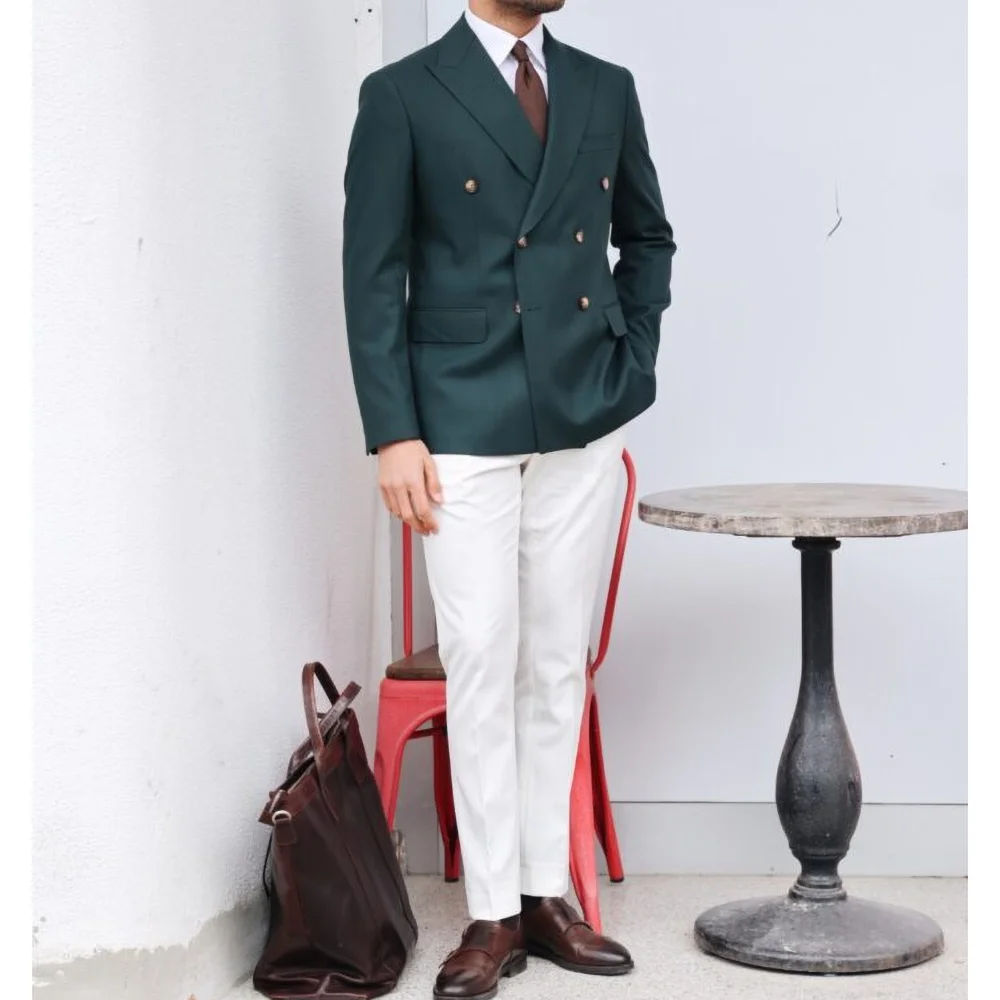 Fashion Men Suits Two Piece Peak Lapel Double Breasted Green Blazer with White Pants Elegant Business Casual Office Male Suit
Fashion Men Suits Two Piece Peak Lapel Double Breasted Green Blazer with White Pants Elegant Business Casual Office Male Suit