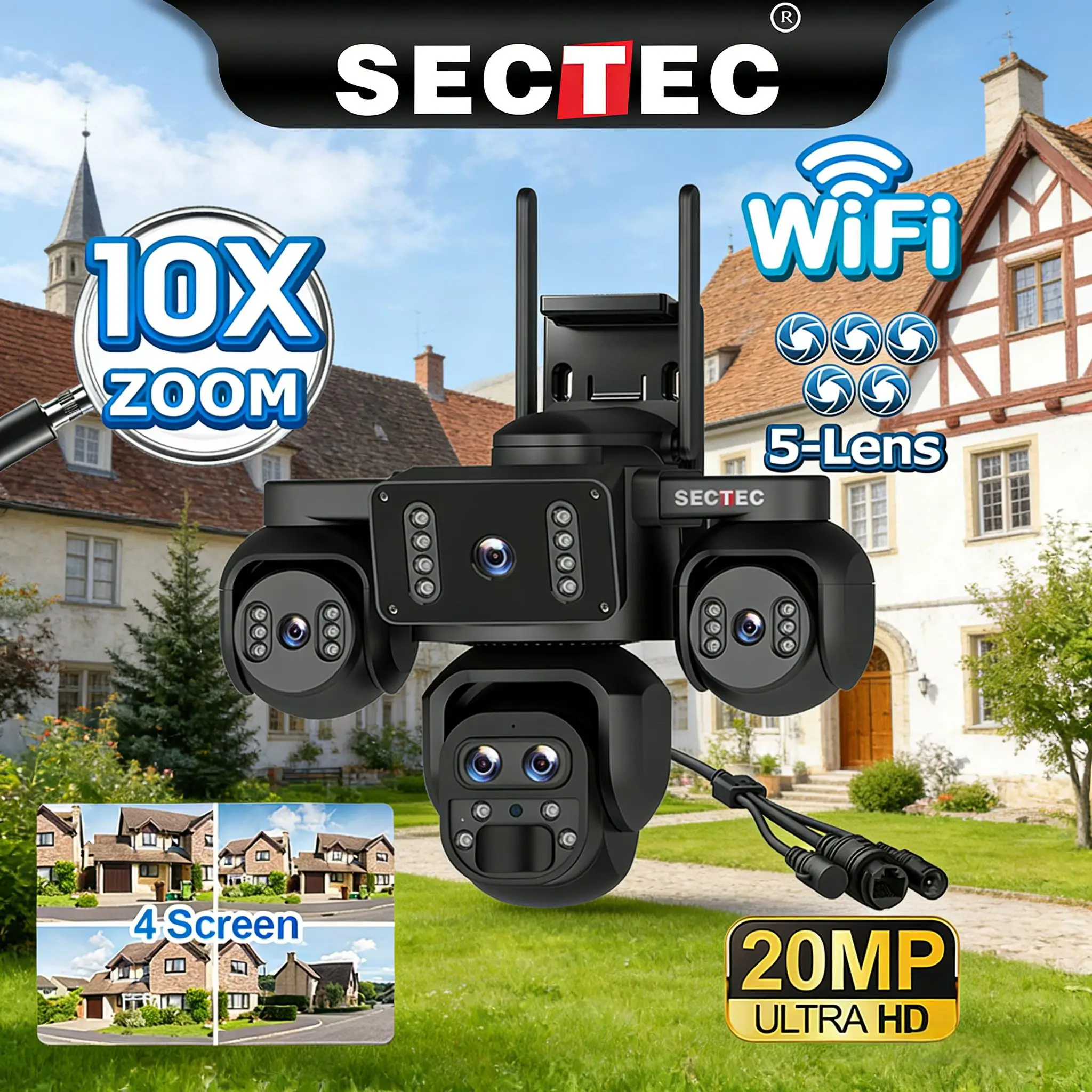 SECTEC 20MP 10X ZOOM Wifi Outdoor Video Camera Four Screens five Lens 720° PTZ Automatic Tracking Waterproof Security surveill
SECTEC 20MP 10X ZOOM Wifi Outdoor Video Camera Four Screens five Lens 720° PTZ Automatic Tracking Waterproof Security surveill