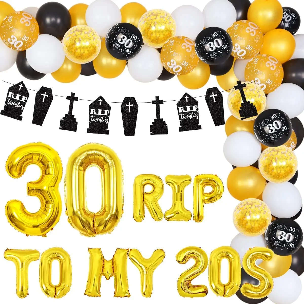 Rip Twenties 30th Birthday Decoration for Women Men Black and Gold Rip To My 20s Balloons Funny Thrity Birthday Party Supplies
Rip Twenties 30th Birthday Decoration for Women Men Black and Gold Rip To My 20s Balloons Funny Thrity Birthday Party Supplies