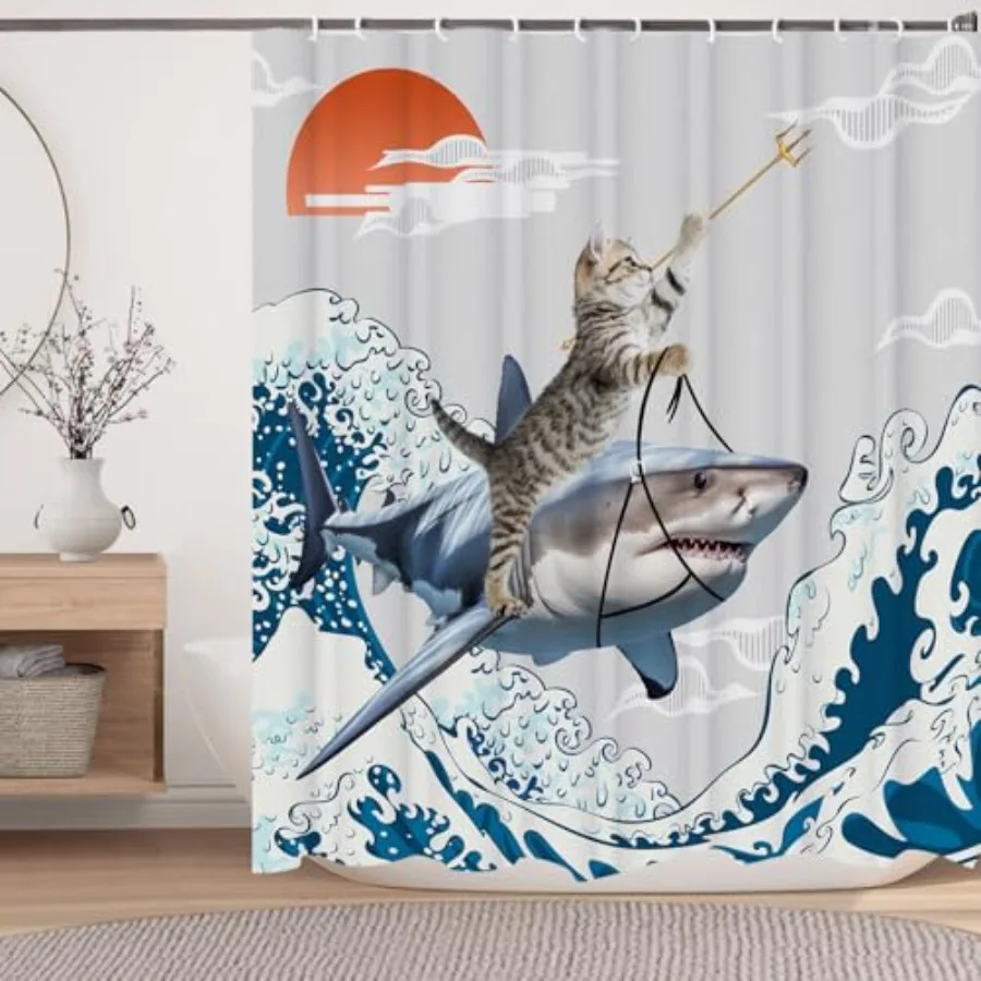 Funny Cute Cat Shower Curtains, Japan Cat Shark with Ocean Sea Wave Shower Curtain for Bathroom, Japanese Cool Fabric Shower Cu
Funny Cute Cat Shower Curtains, Japan Cat Shark with Ocean Sea Wave Shower Curtain for Bathroom, Japanese Cool Fabric Shower Cu