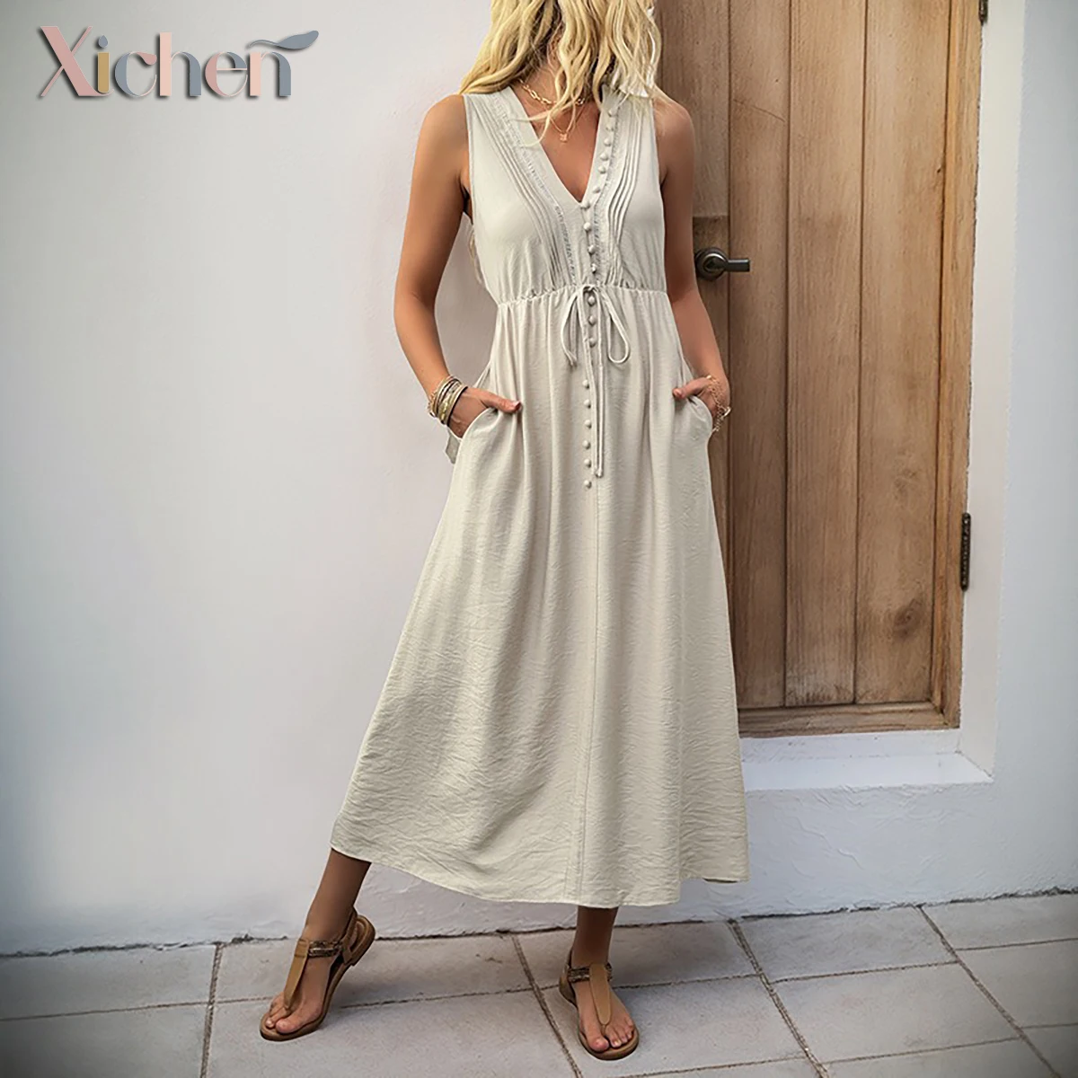 Chic Beige Summer Dress - Sleeveless Striped Detail Dress for Museum Dates & Sophisticated Outings
Chic Beige Summer Dress - Sleeveless Striped Detail Dress for Museum Dates & Sophisticated Outings