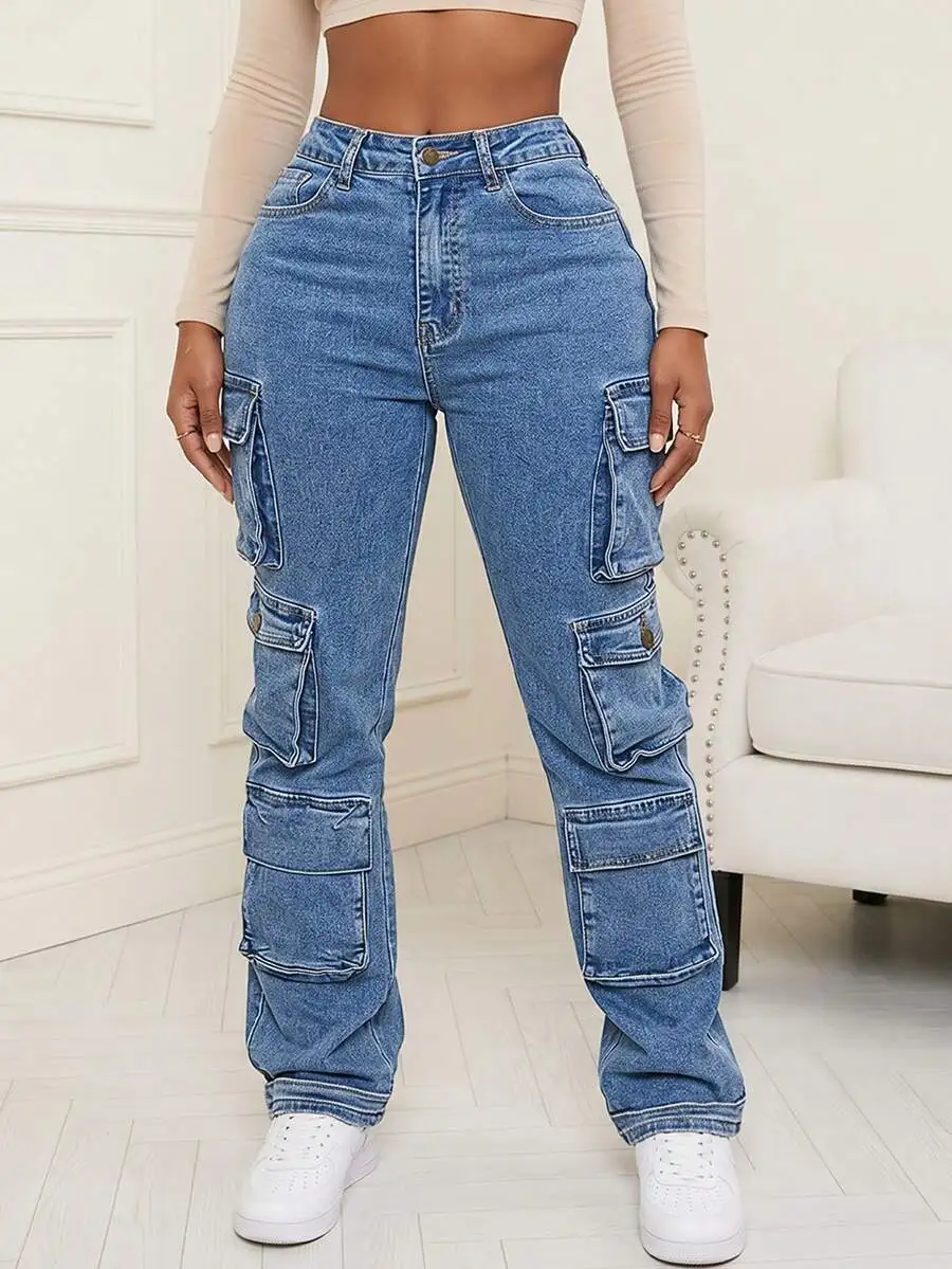 Womens Stretch Flared Cargo Jeans With Utility Pockets Button Zip Closure
Womens Stretch Flared Cargo Jeans With Utility Pockets Button Zip Closure