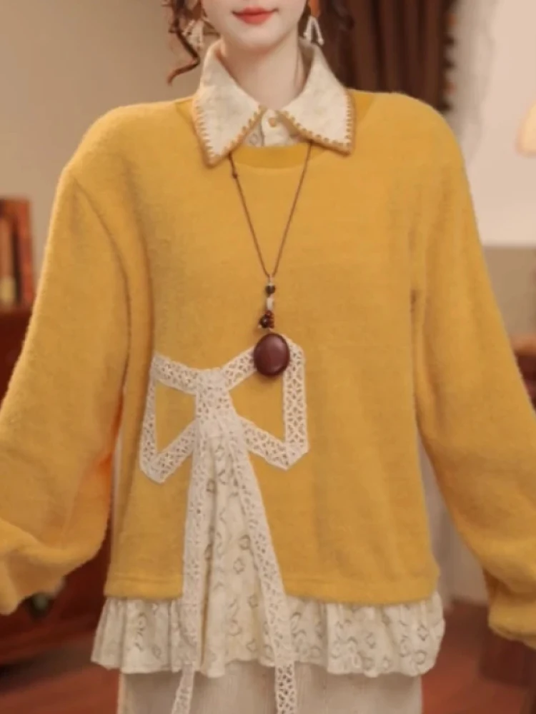 Retro Gentle Sle Lace Splicing Knot Fake Two-Piece Sweatirt Loose Slimming Autumn Winter New Loose Fit Top
Retro Gentle Sle Lace Splicing Knot Fake Two-Piece Sweatirt Loose Slimming Autumn Winter New Loose Fit Top